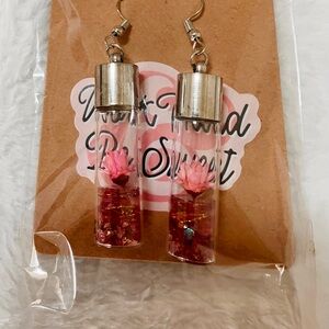 Shiny Glass Dangling 2” Hook Earrings, Pink Flower, Gold & Silver Accents.